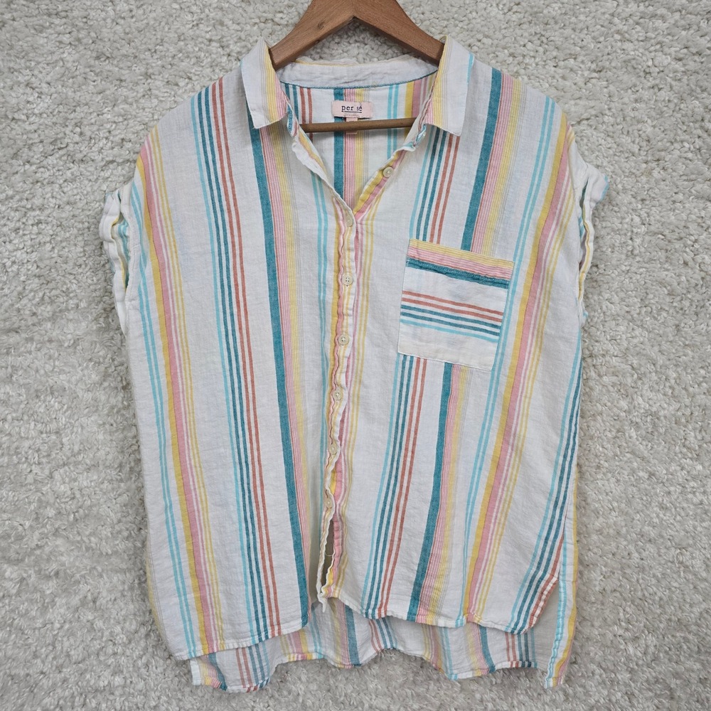 Per Se‎ Linen Blend Stripe Button Front Shirt Womens XL Cap Sleeve Coastal Beach
